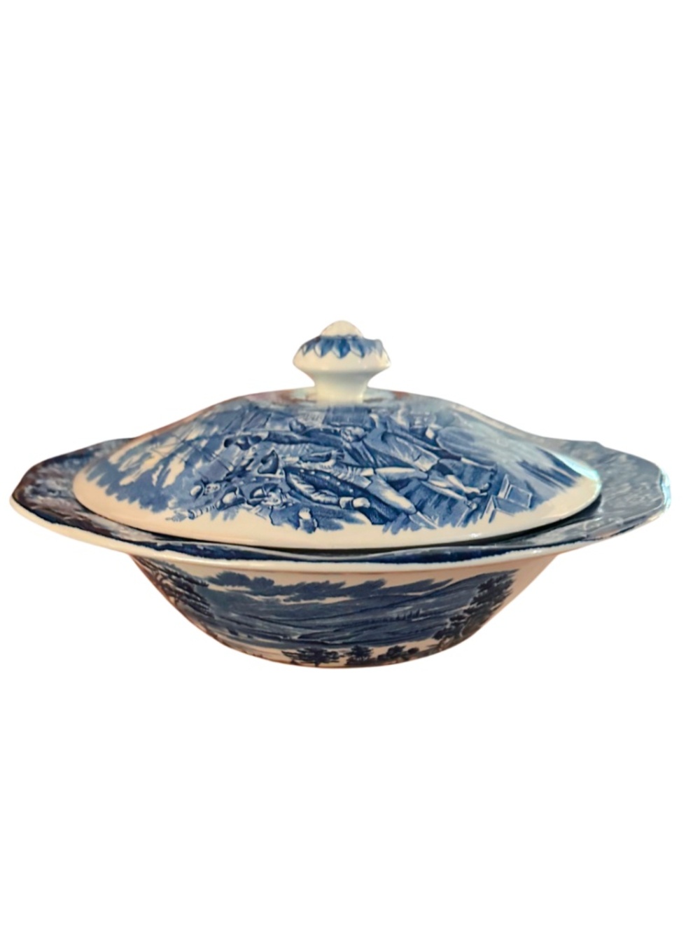 Vintage Liberty Blue Boston Tea Party Covered Bowl Tureen Staffordshire